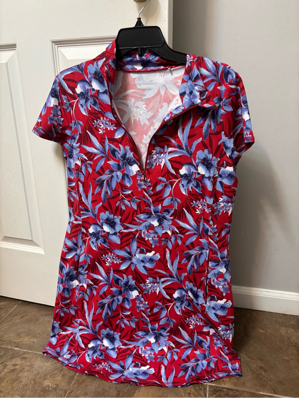 Tommy Bahama Red Floral Short Sleeve Zip Polo Top